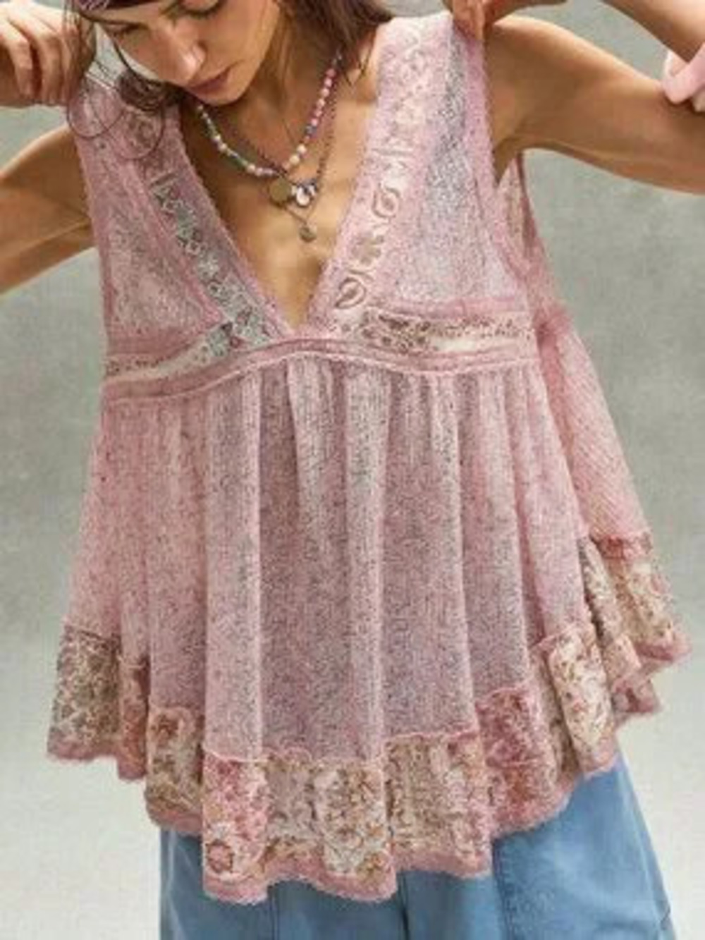 Dusty Pink Boho Women's Casual Knit & Woven Patchwork V-Neck Vest